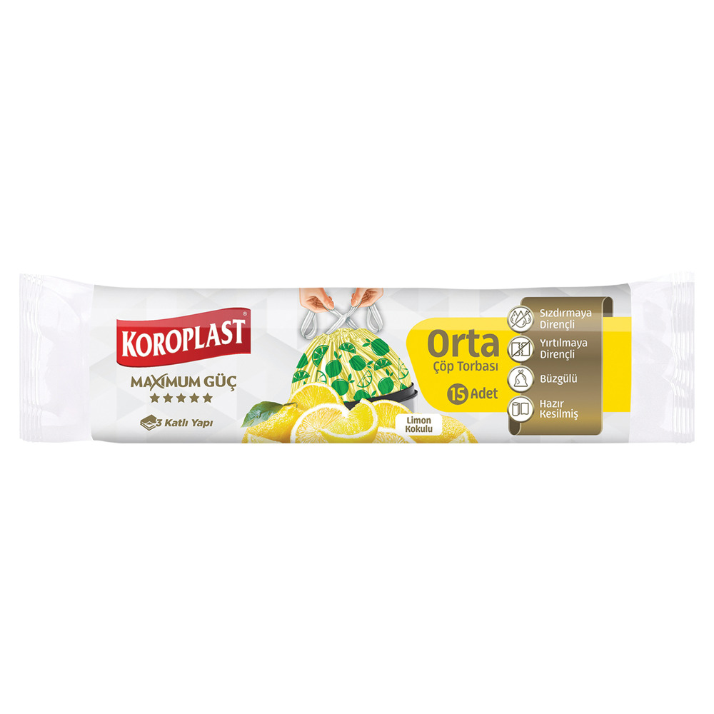 Koroplast Çöp Torbası 15 Li 55*60 Cm Orta Boy Büzgülü Limon Kokulu