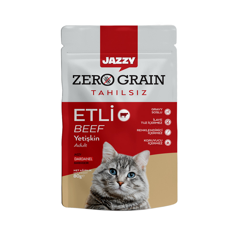 Jazzy Yaş Kedi Maması Tahılsız Yetişkin Dana Etli 80Gr**
