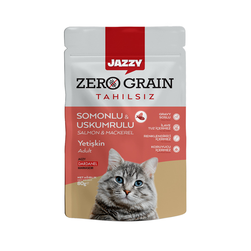 Jazzy Yaş Kedi Maması Tahılsız Yetişkin Somonlu & Uskumrulu 80Gr